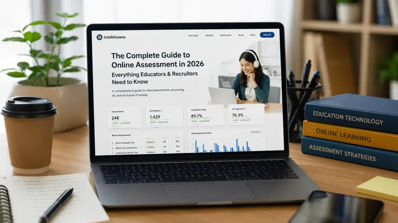 Illustration of a person wearing headphones taking an online assessment, featured graphic for 'The Complete Guide to Online Assessment in 2026'
