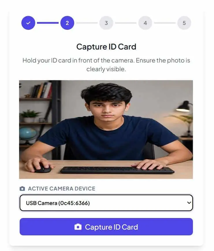 AI proctoring webcam screen showing a candidate holding an ID card up for verification during an online exam