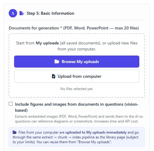 Step 1 Basic Information screen for generating documents from PDF, Word, or PowerPoint files