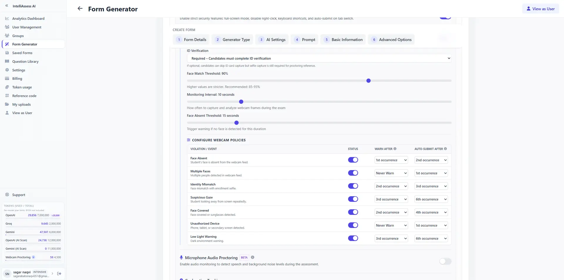 IntelliAssess.ai admin table view with selectable checkbox rows