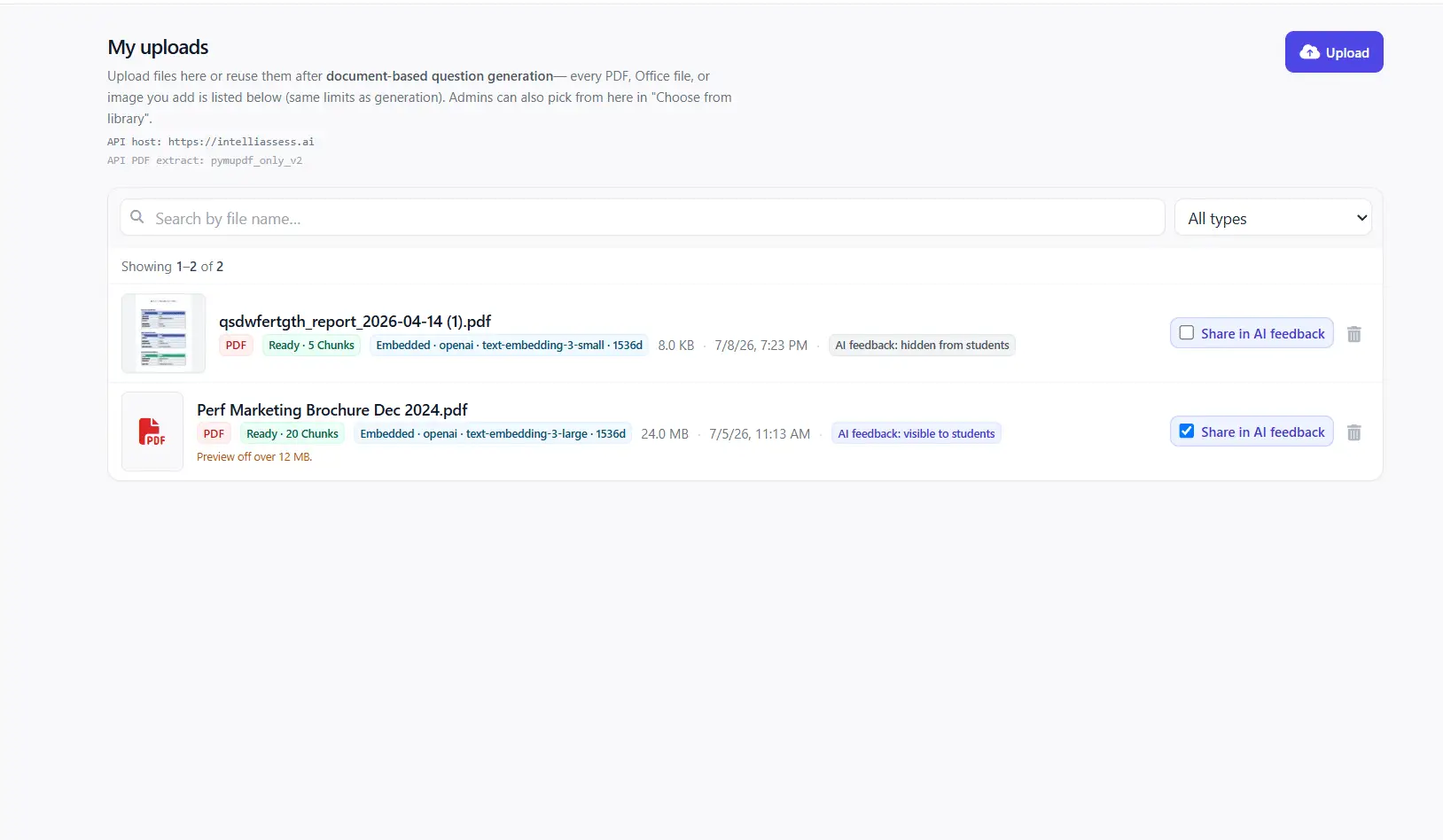IntelliAssess.ai admin screen reviewing AI-generated content output