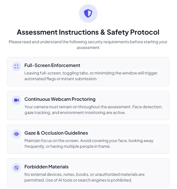 Full-screen enforcement instructions shown on an AI proctoring assessment screen