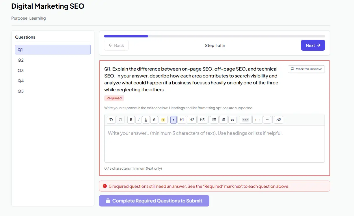 SEO assessment document with a heading and numbered question about on-page and off-page SEO