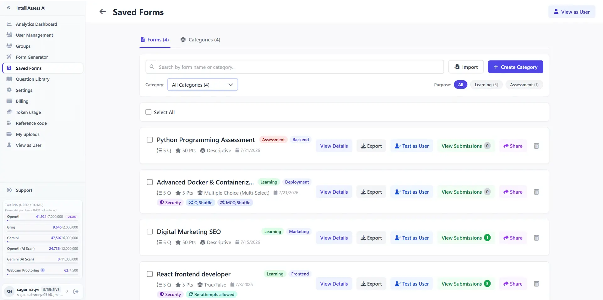 IntelliAssess.ai dashboard screen showing assessment performance metrics and charts
