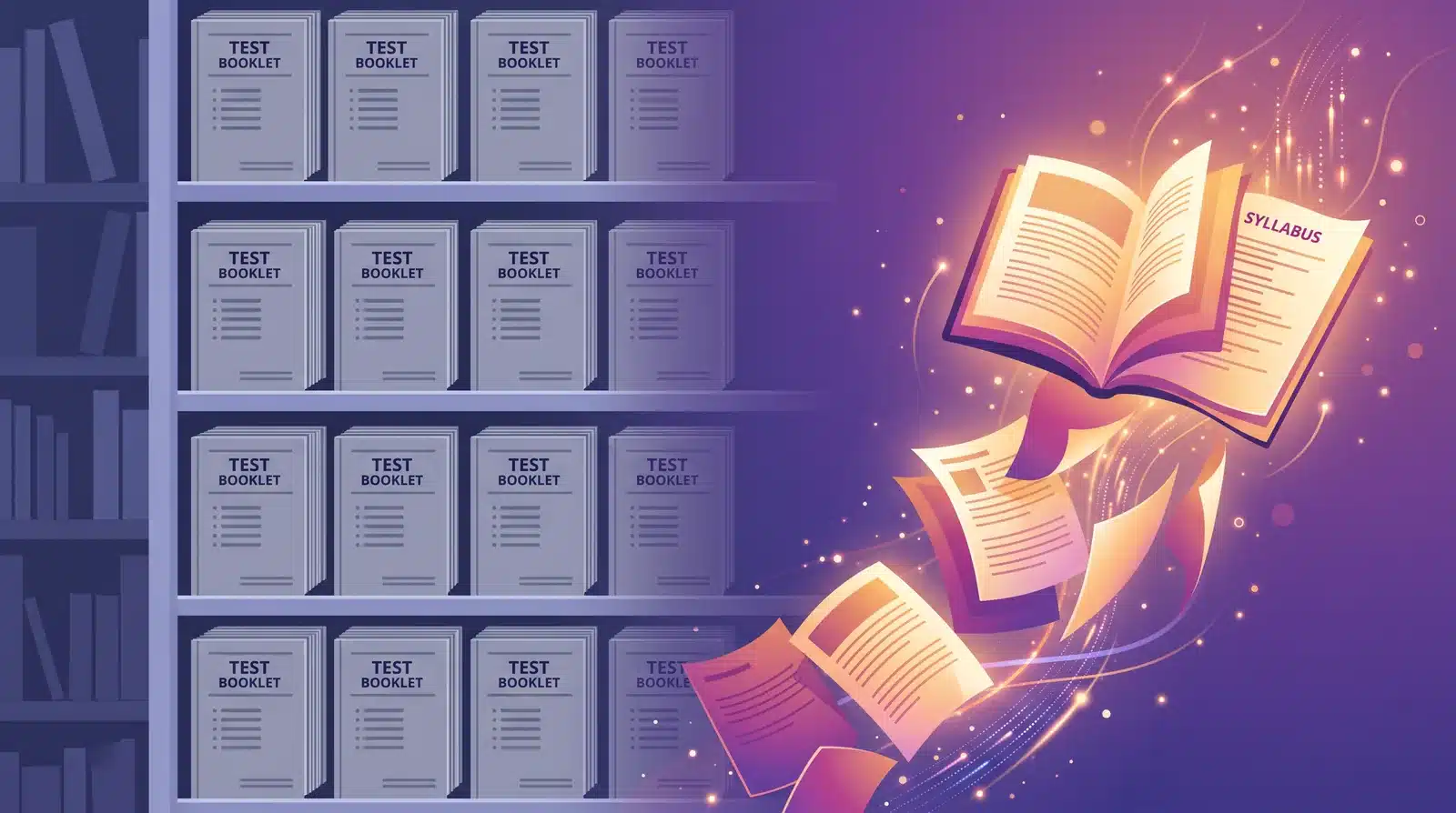 Shelf of identical pre-built test booklets on one side and a glowing syllabus generating fresh question pages on the other, showing the two ways IntelliAssess can build an assessment
