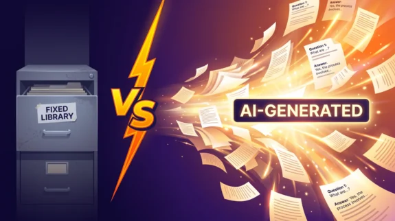 Split illustration comparing TestGorilla's fixed test library, shown as a closed filing cabinet, with AI-generated tests flowing out as individual question cards