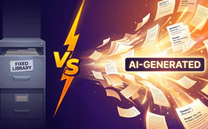 Split illustration comparing TestGorilla's fixed test library, shown as a closed filing cabinet, with AI-generated tests flowing out as individual question cards